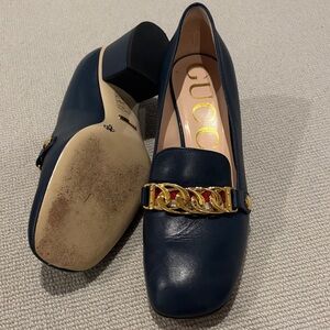 Gucci Dark Blue Loafers with Gold Chain Detail